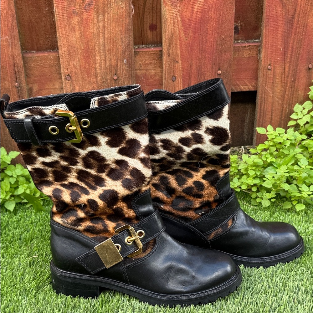 Leopard Print and Black Leather Boots Size 39